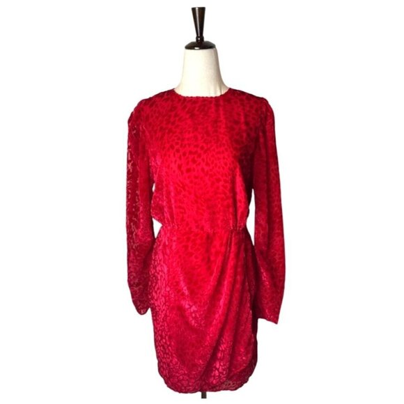 The Kooples Dress Women Large Red‎ Velvet Animal Print Puff Sleeve Mini Party - Picture 2 of 14